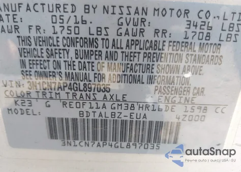 2016 Nissan Versa 1.6 S/1.6 S+/1.6 Sl/1.6 Sv z USA, uszkodzony, nr VIN 3N1CN7AP4GL897035